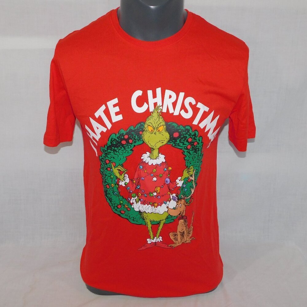 Dr Seuss How the Grinch Stole Christmas Red I HATE CHRISTMAS T Shirt Mens S